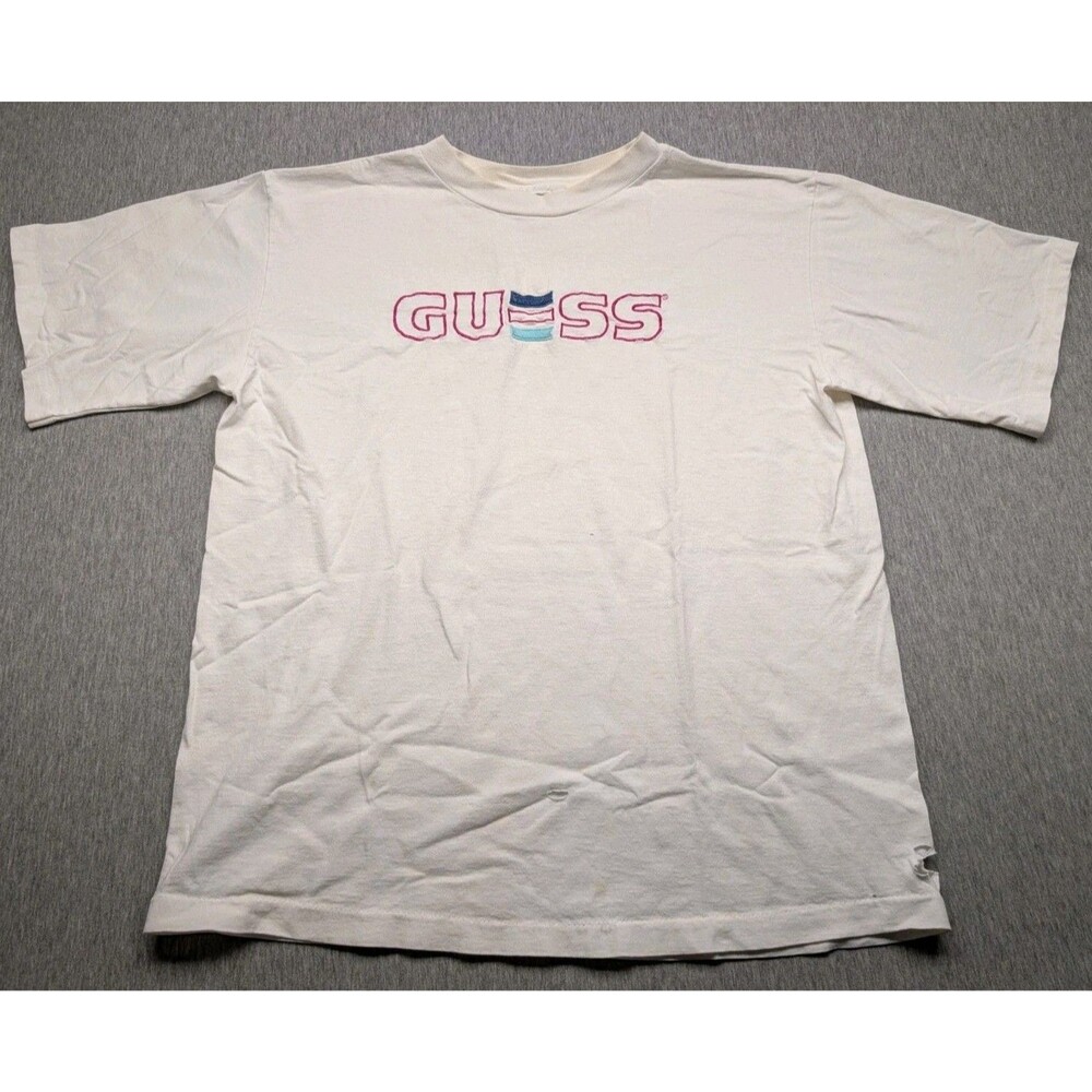 Vintage 90s Guess Logo Embroidered Single Stitch T-Shirt sz large - Picture 1 of 9